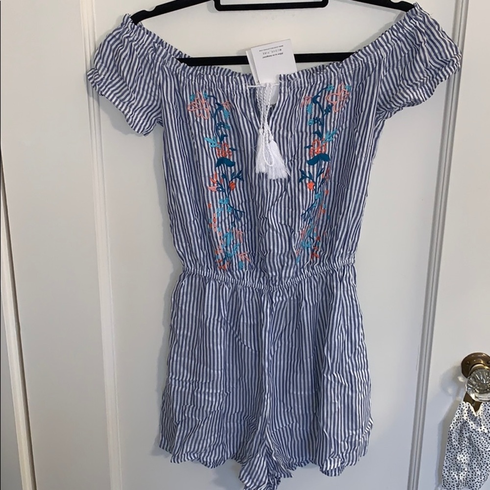 NWT M Love,Fire blue & white striped floral romper